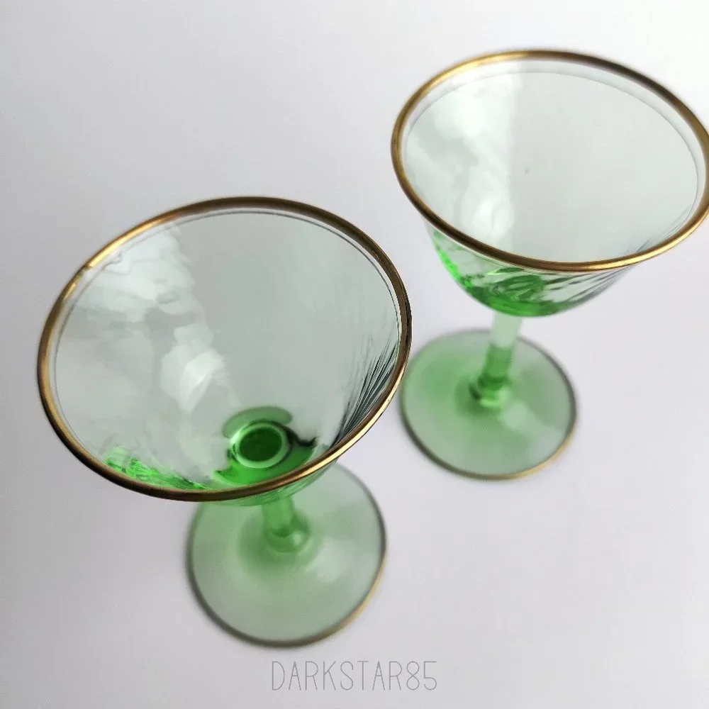 Pair of Vintage Green Gold-Trimmed Small Stemware Glasses - Picture 2 of 8
